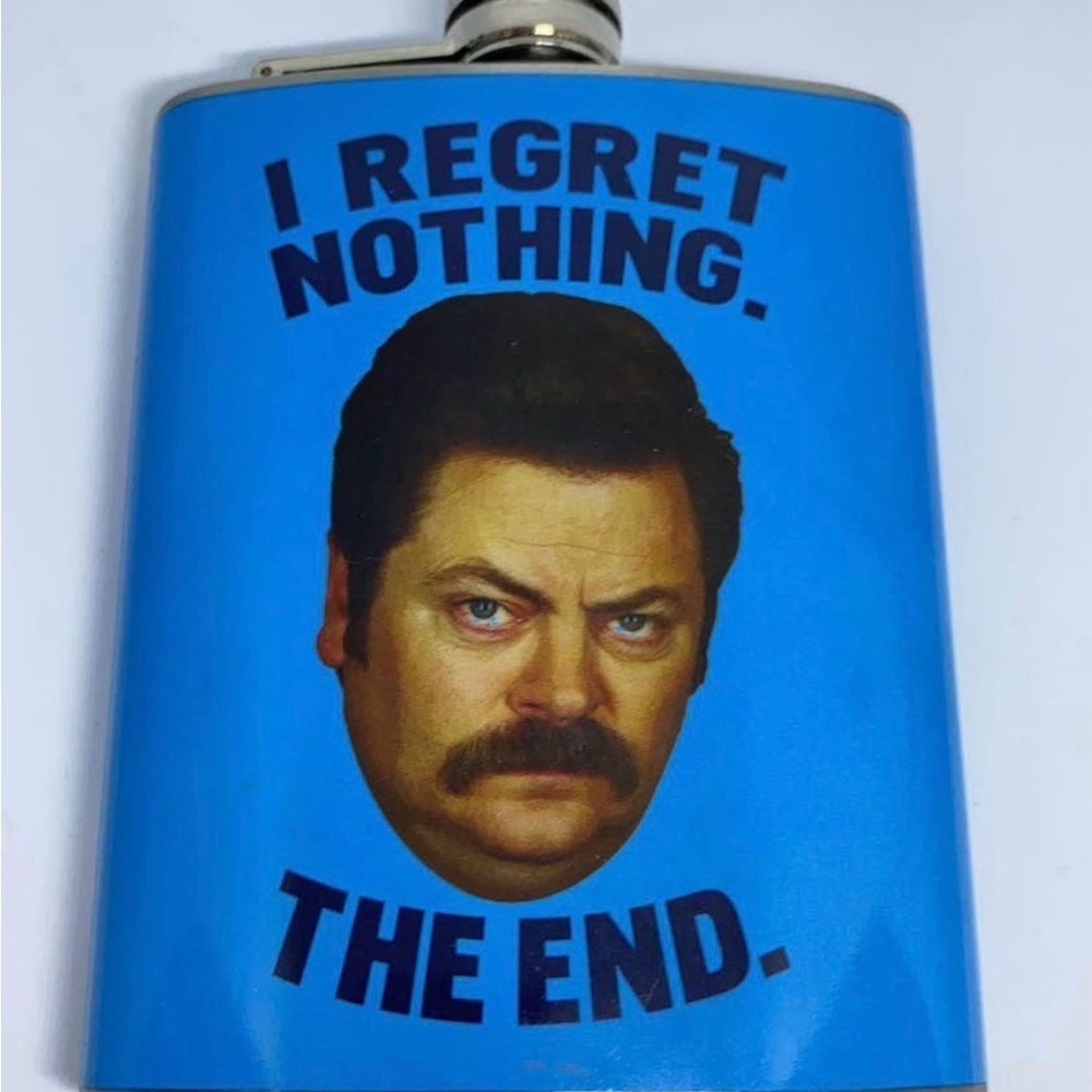 7oz Stainless Steel Flask-Parks and Recreation-I Regret Nothing. The End.